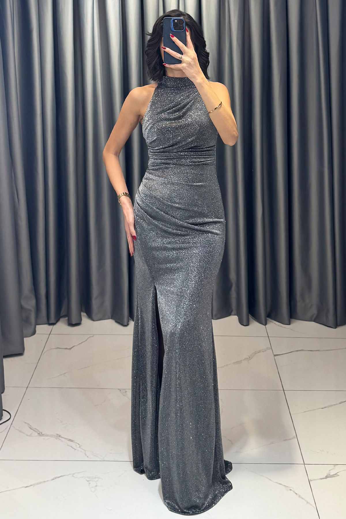 Halter Yaka Yırtmaçlı Sim Detaylı Balık Model Abiye Gümüş - Görsel 5