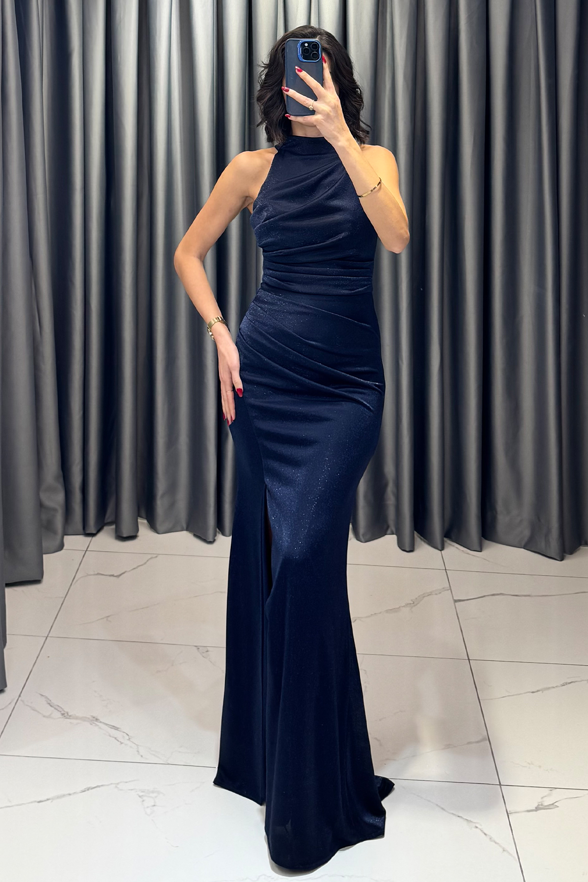 Halter Yaka Yırtmaçlı Sim Detaylı Balık Model Abiye Lacivert - Görsel 5