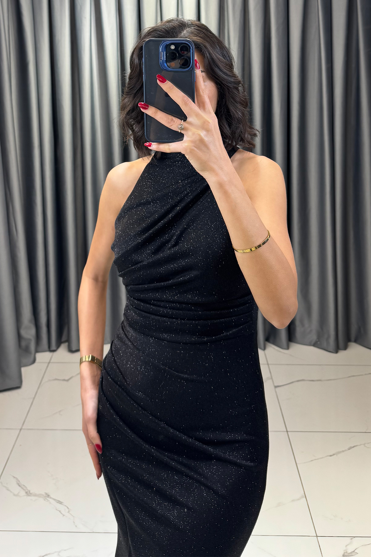 Halter Yaka Yırtmaçlı Sim Detaylı Balık Model Abiye Siyah - Görsel 2