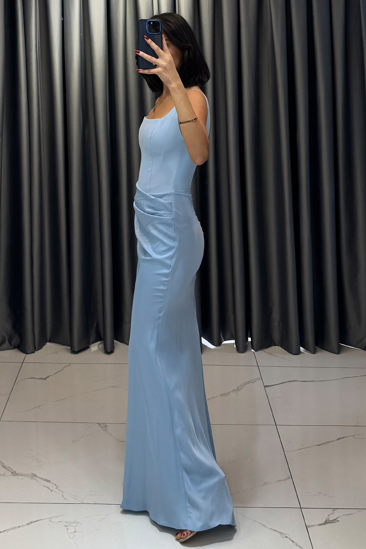 Kare Yaka Askı Detaylı Belden Oturtmalı Abiye Bebe Mavi - Görsel 3