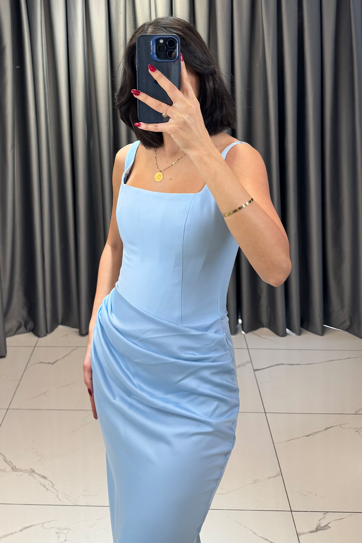 Kare Yaka Askı Detaylı Belden Oturtmalı Abiye Bebe Mavi - Görsel 4