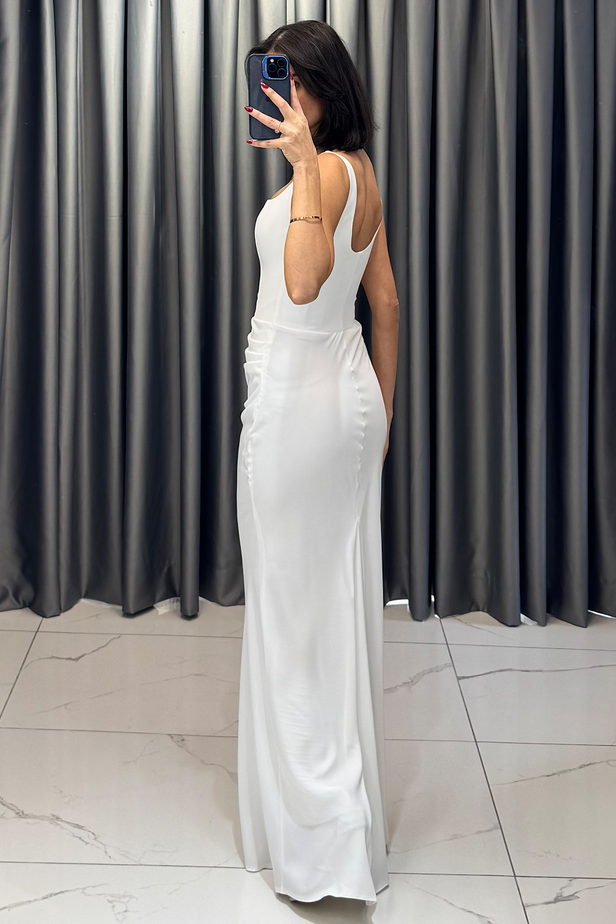 Kare Yaka Askı Detaylı Belden Oturtmalı Abiye Beyaz - Görsel 5