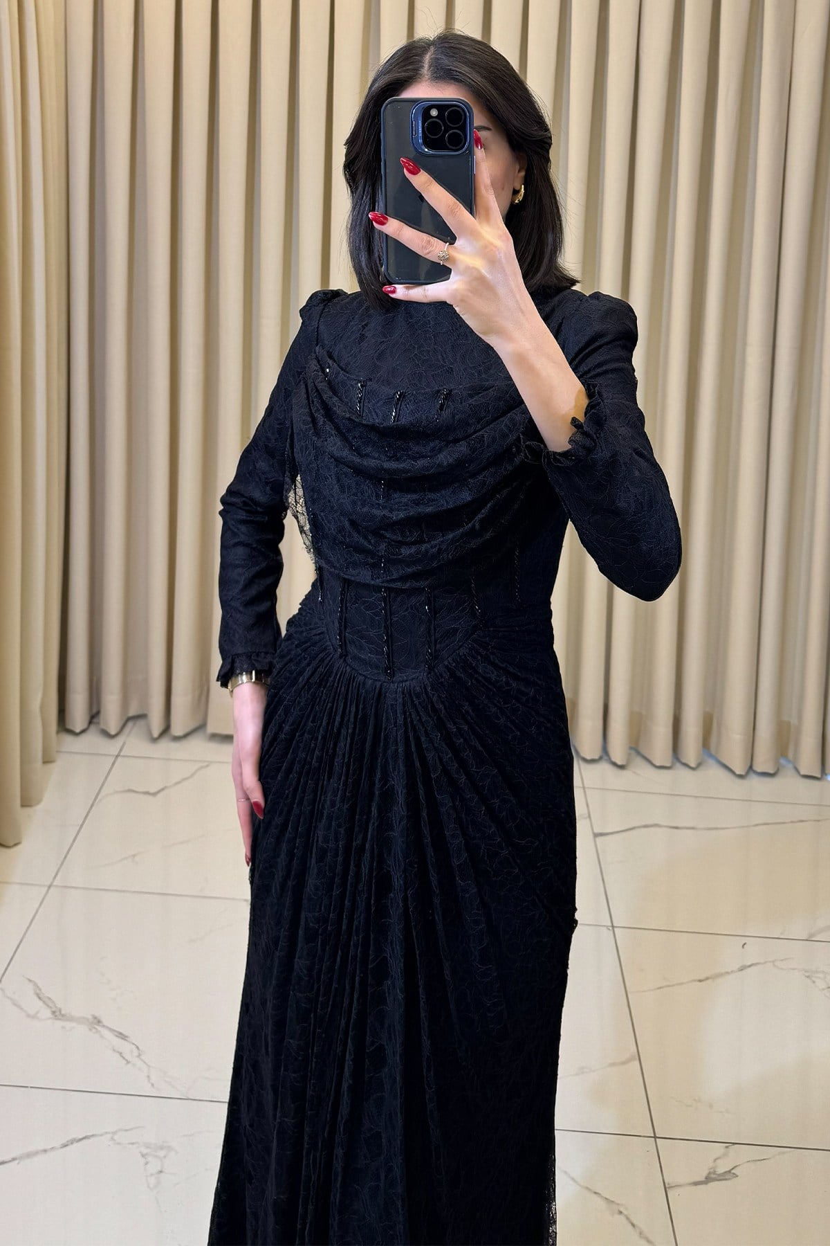 Kore Detaylı Taş İşlemeli Lez Dantel Tesettür Abiye Siyah - Görsel 2