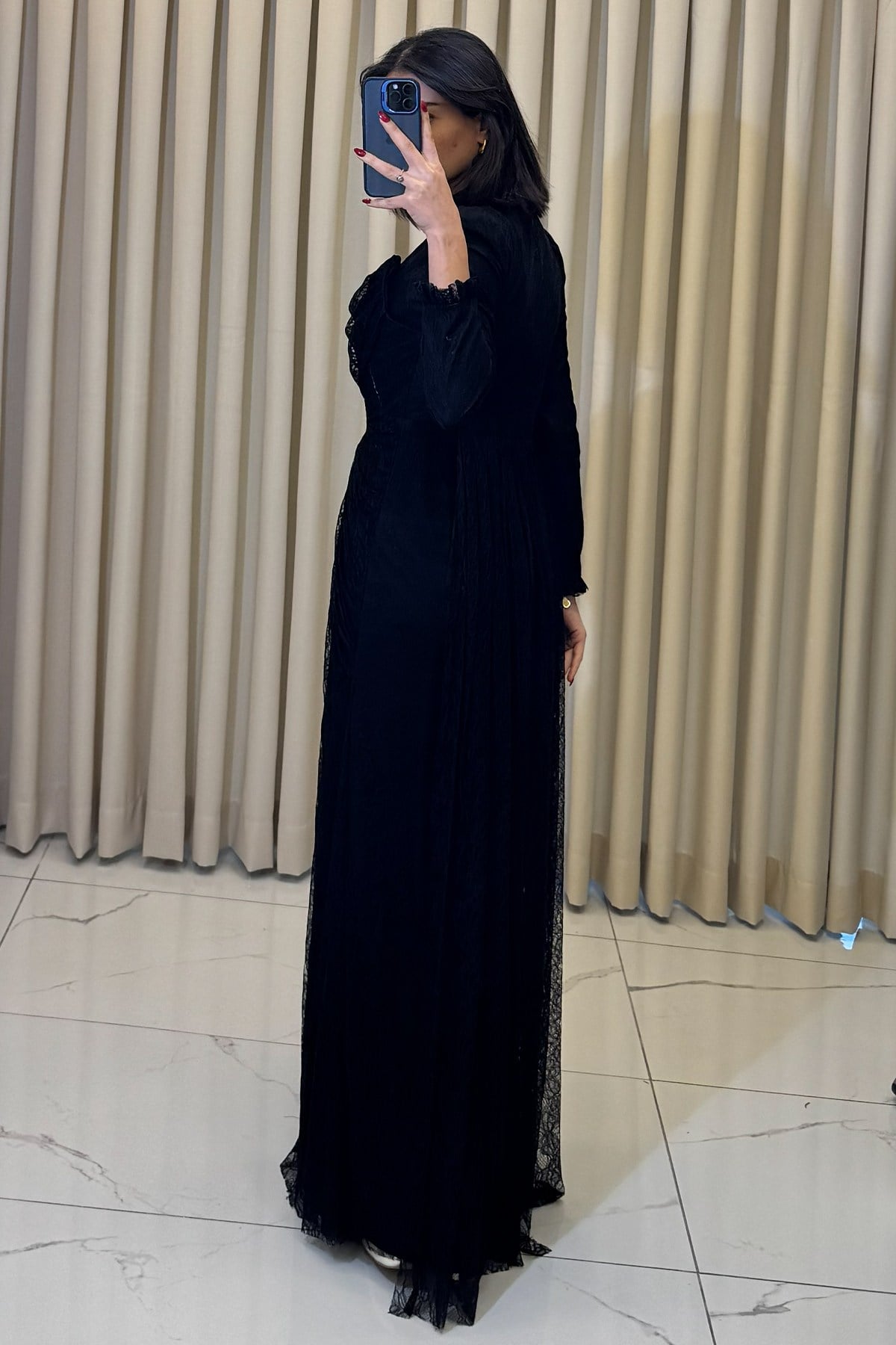 Kore Detaylı Taş İşlemeli Lez Dantel Tesettür Abiye Siyah - Görsel 5