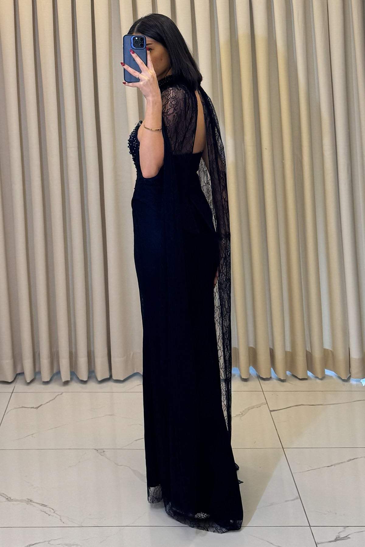 Korse Detaylı Boncuk İşlemeli Pelerinli Abiye Lacivert - Görsel 5