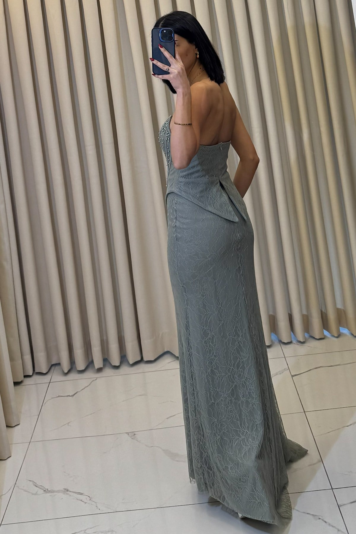 Korse Detaylı Boncuk İşlemeli Pelerinli Abiye Yeşil - Görsel 6