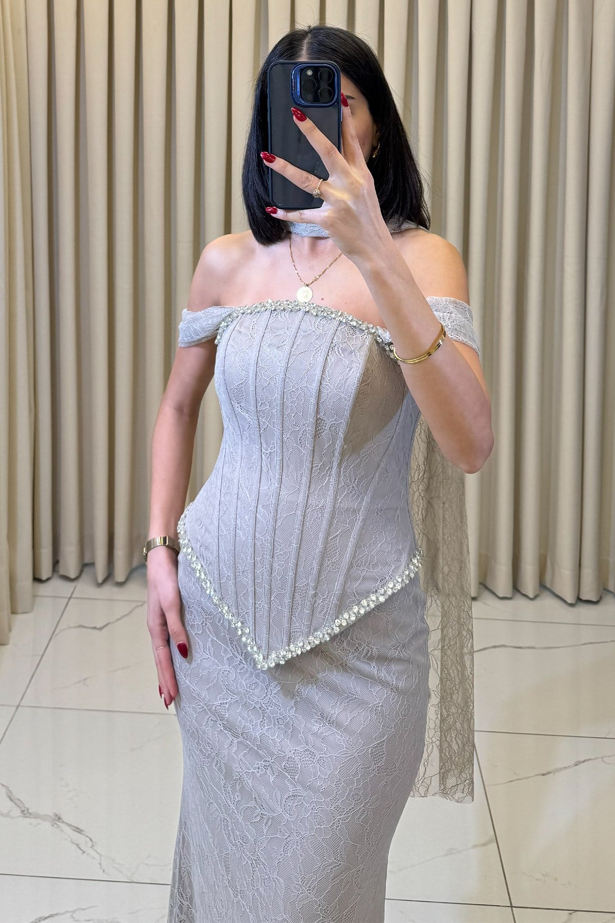 Korse Detaylı Taş İşlemeli Şal Aksesuarlı Abiye Bej - Görsel 4