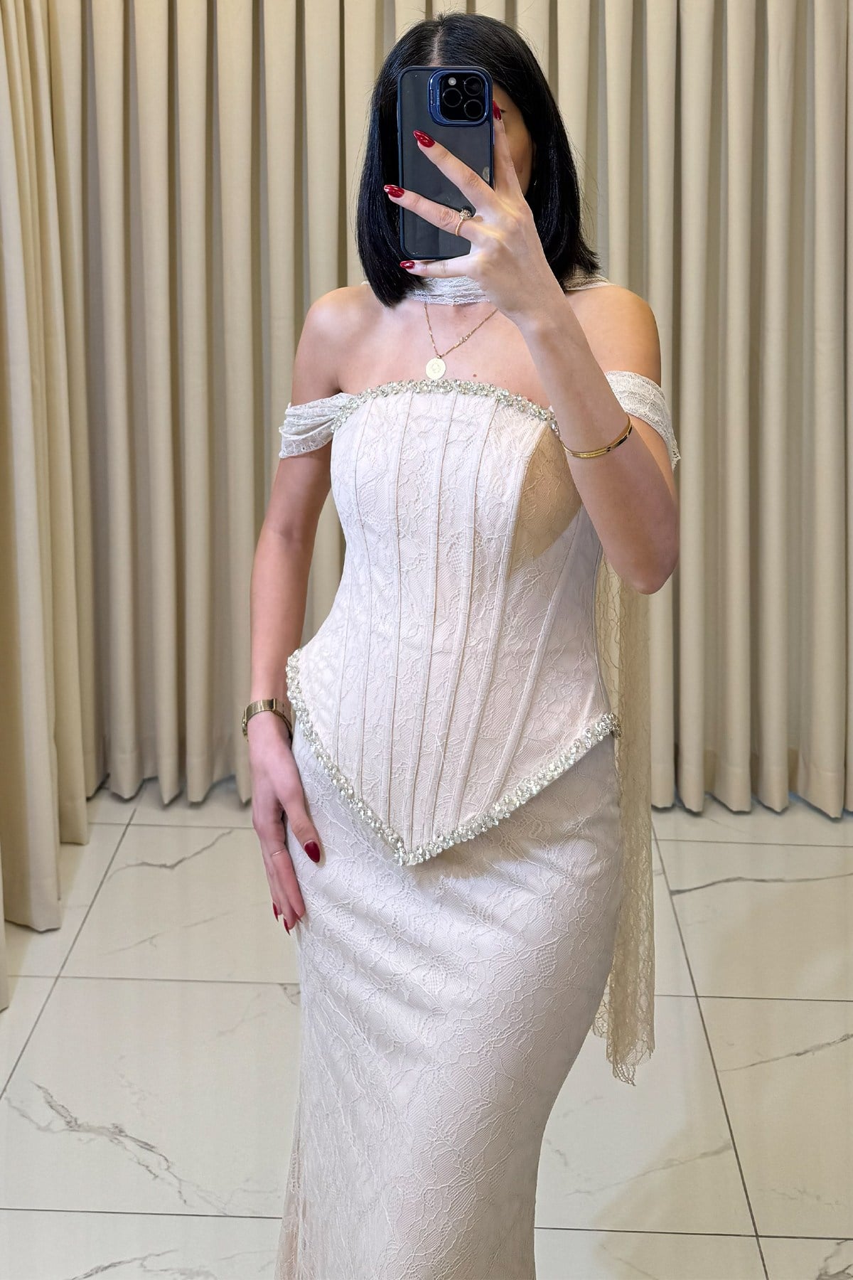 Korse Detaylı Taş İşlemeli Şal Aksesuarlı Abiye Ekru - Görsel 2