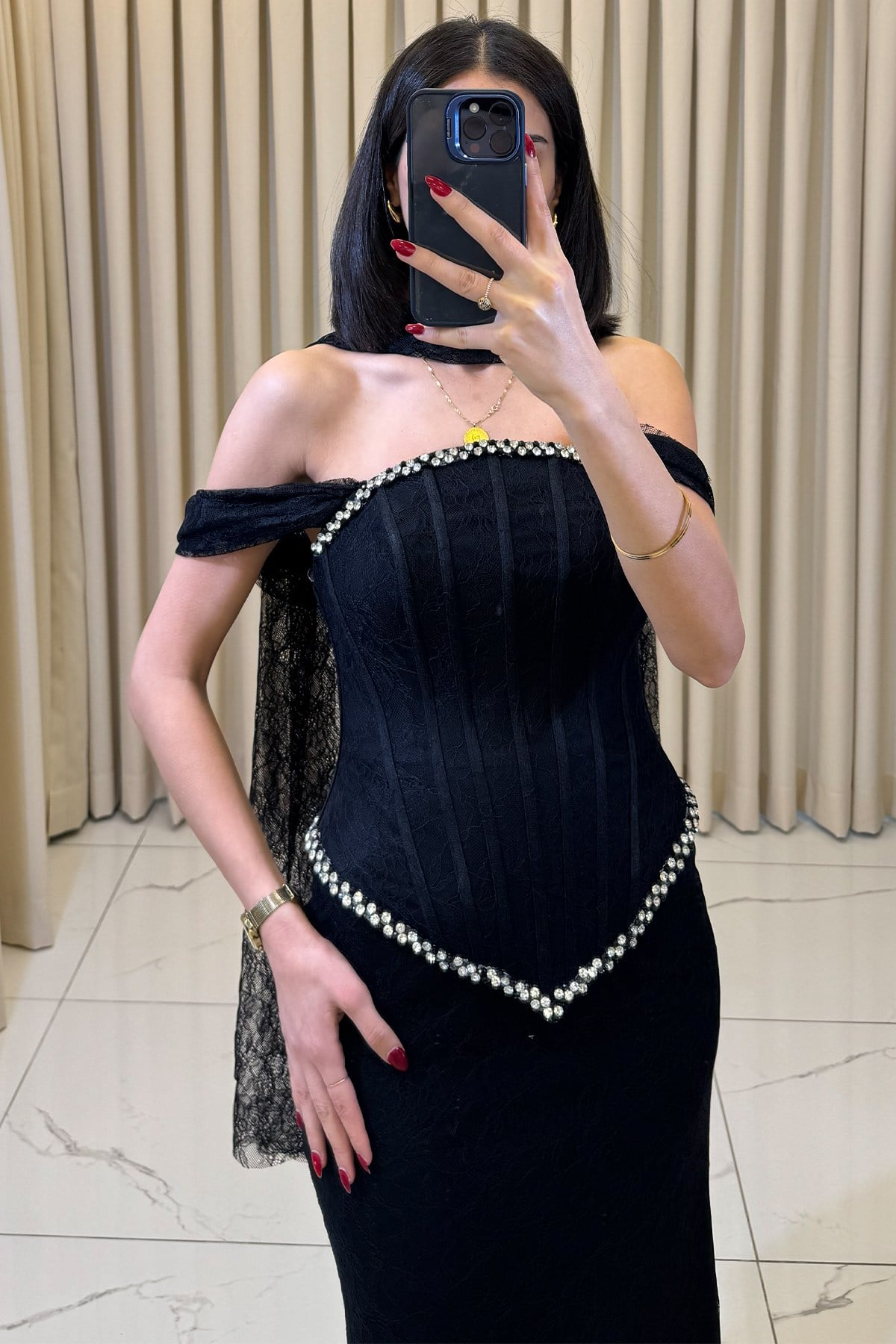 Korse Detaylı Taş İşlemeli Şal Aksesuarlı Abiye Siyah - Görsel 2