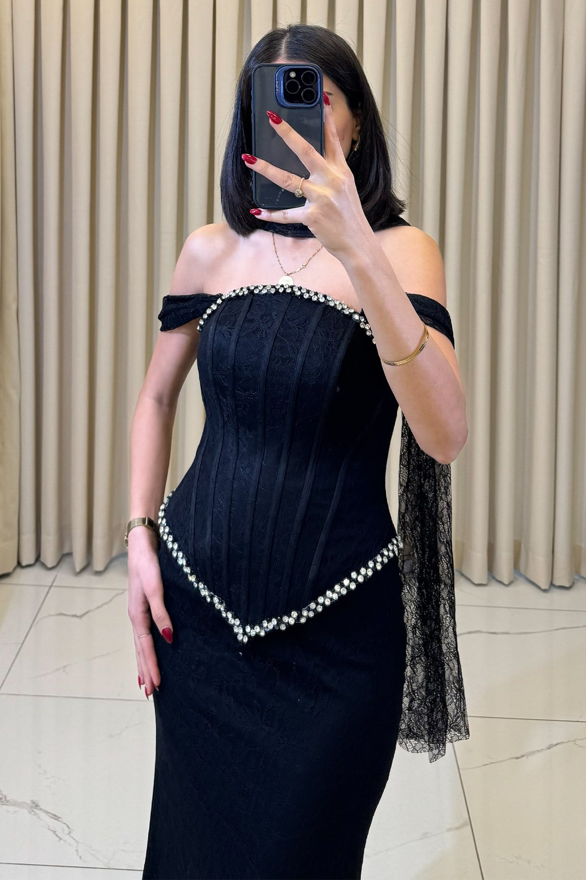 Korse Detaylı Taş İşlemeli Şal Aksesuarlı Abiye Siyah - Görsel 4