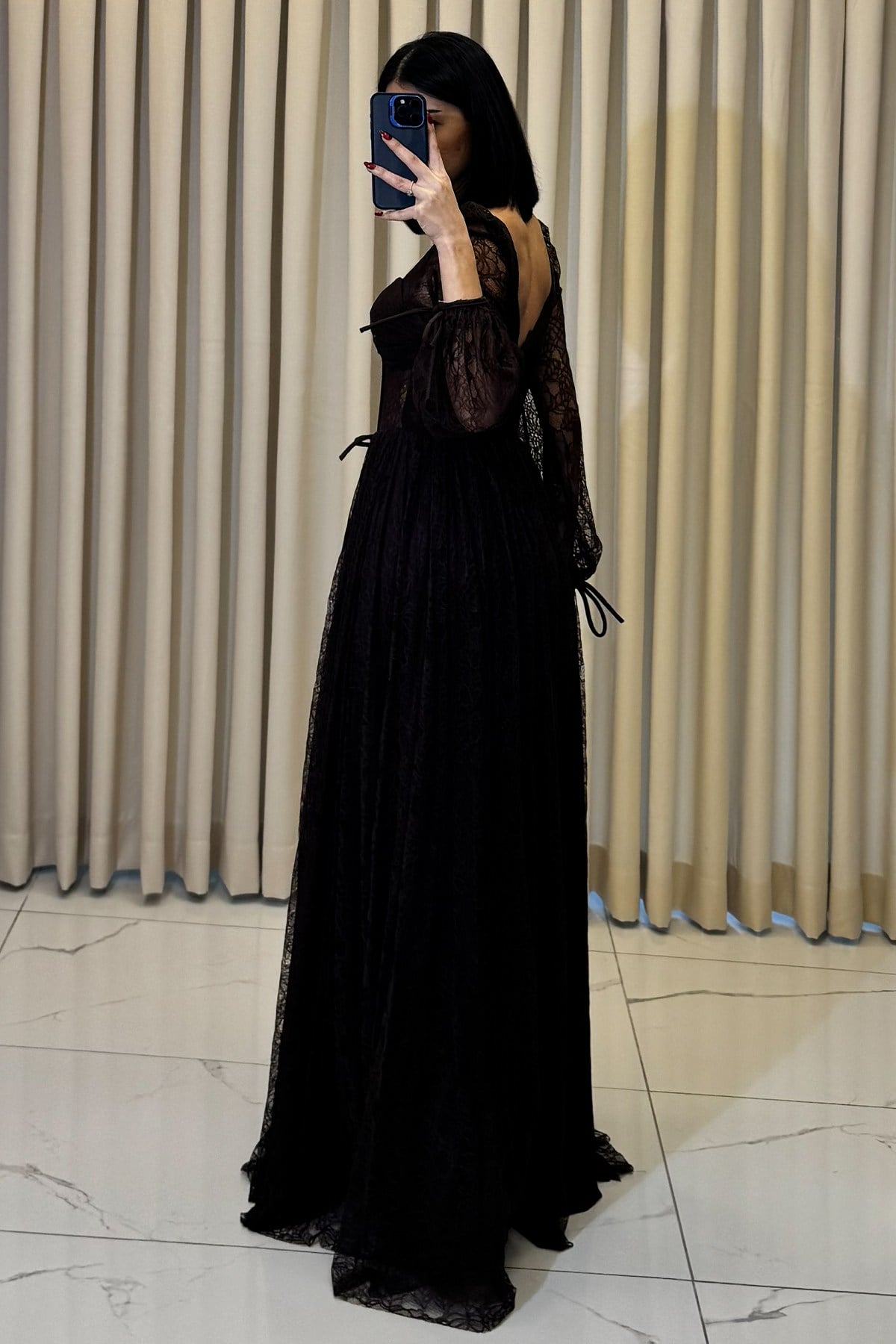 Önü Bağcıklı Lez Dantel Kare Yaka Uzun Kollu Abiye Kahve - Görsel 6