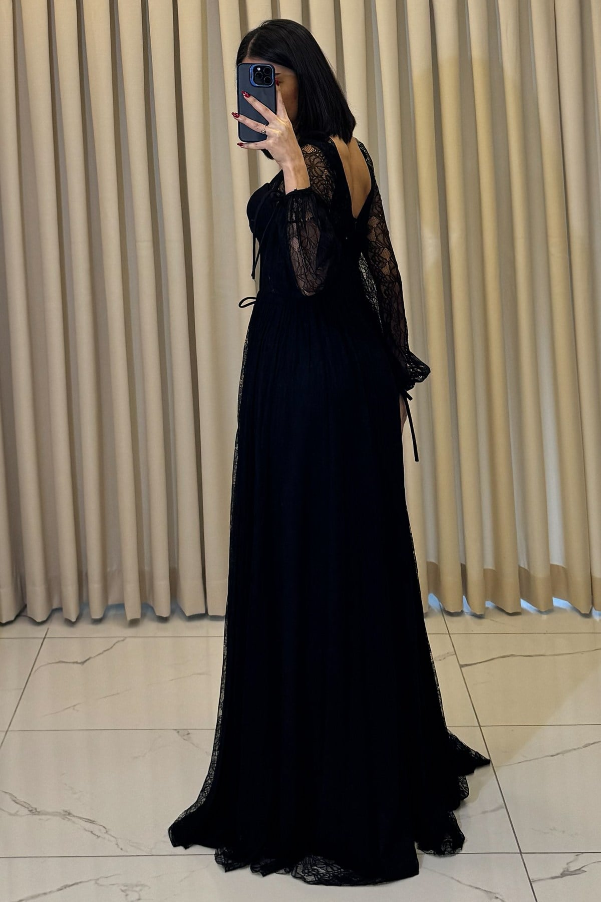 Önü Bağcıklı Lez Dantel Kare Yaka Uzun Kollu Abiye Siyah - Görsel 5