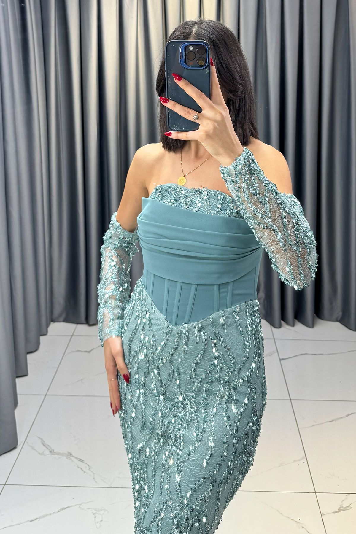 Payet İşlemeli Eldiven Detaylı Balık Model Abiye Mint Yeşili - Görsel 4