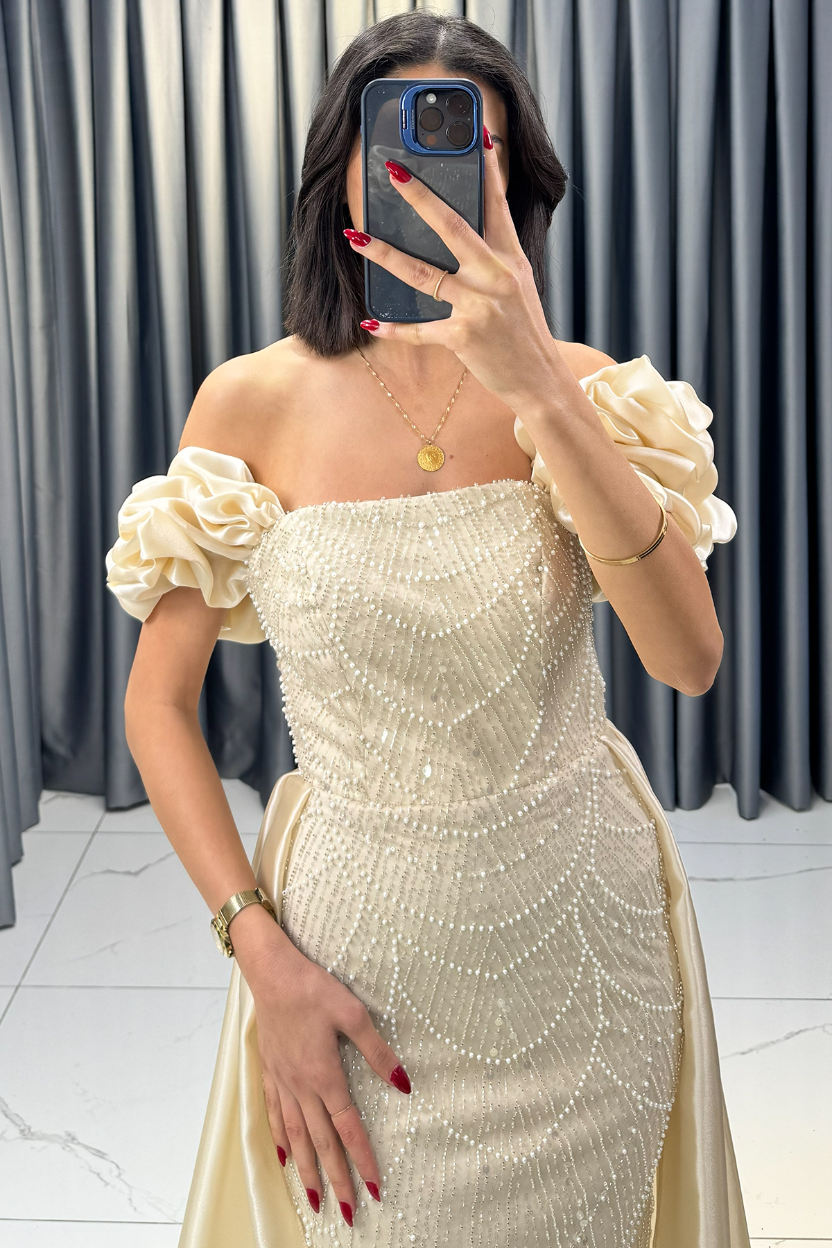 Payet ve Boncuk İşlemeli Balon Kollu Pelerinli Straplez Abiye Bej - Görsel 2