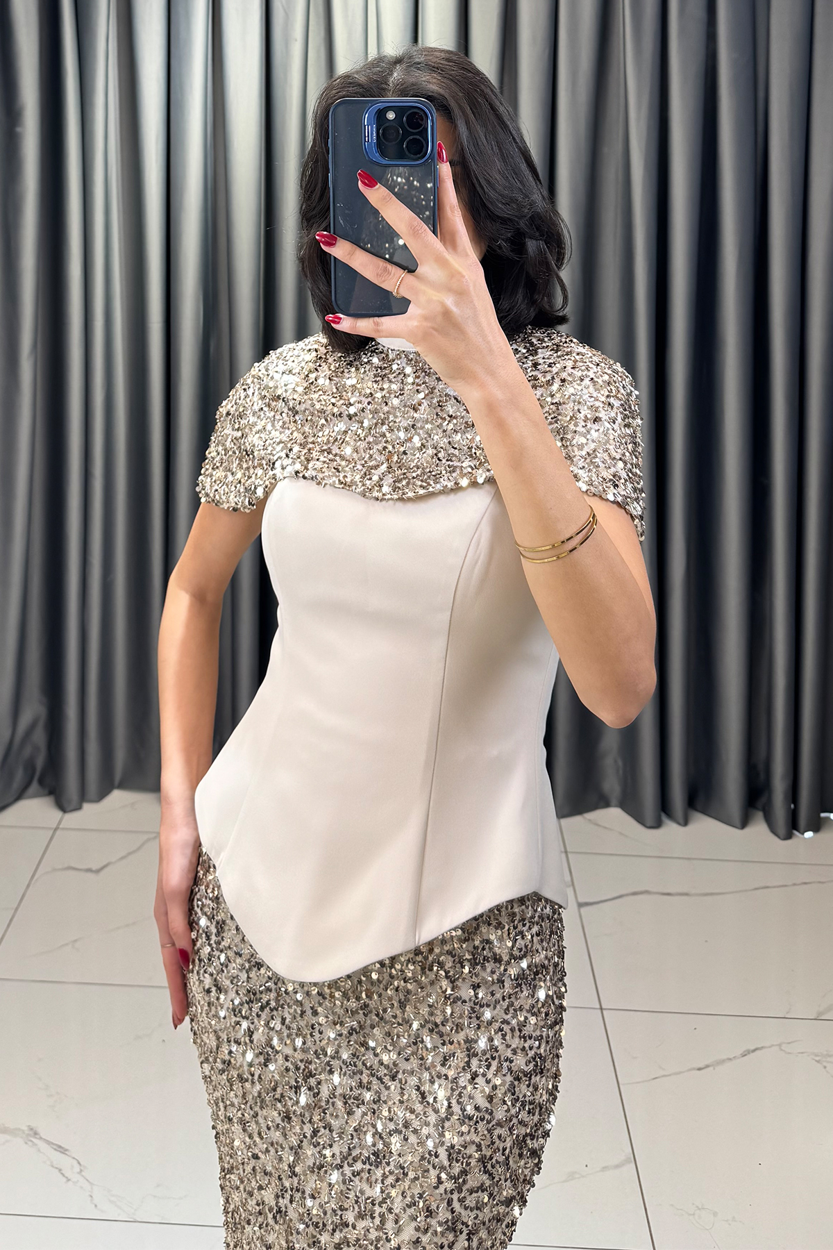 Payetli Korse Detaylı Bolerolu Uzun Abiye Bej - Görsel 6