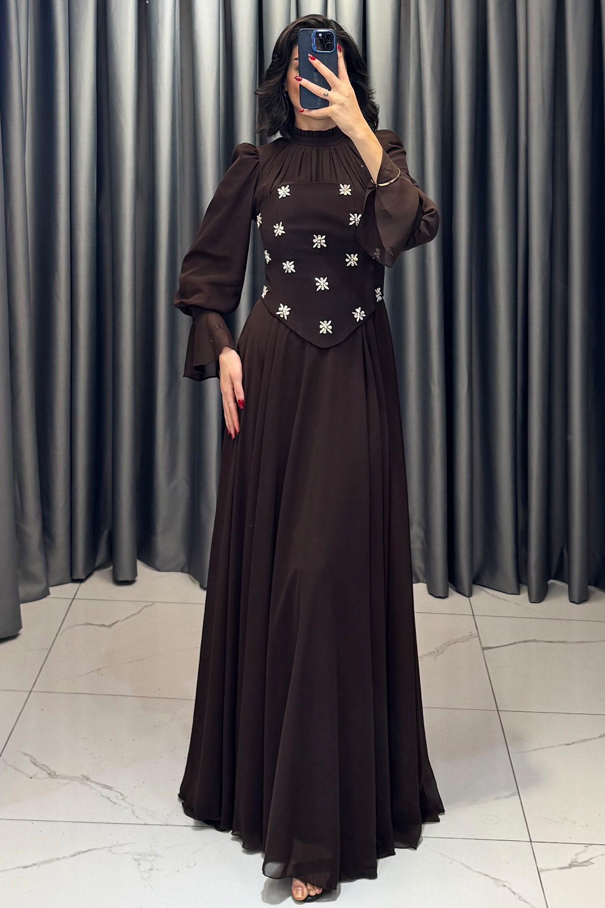 Seyyar Korse Detaylı Taş İşlemeli Tesettür Abiye Kahve