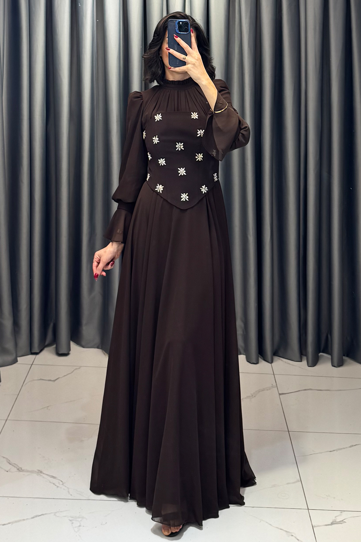 Seyyar Korse Detaylı Taş İşlemeli Tesettür Abiye Kahve - Görsel 5