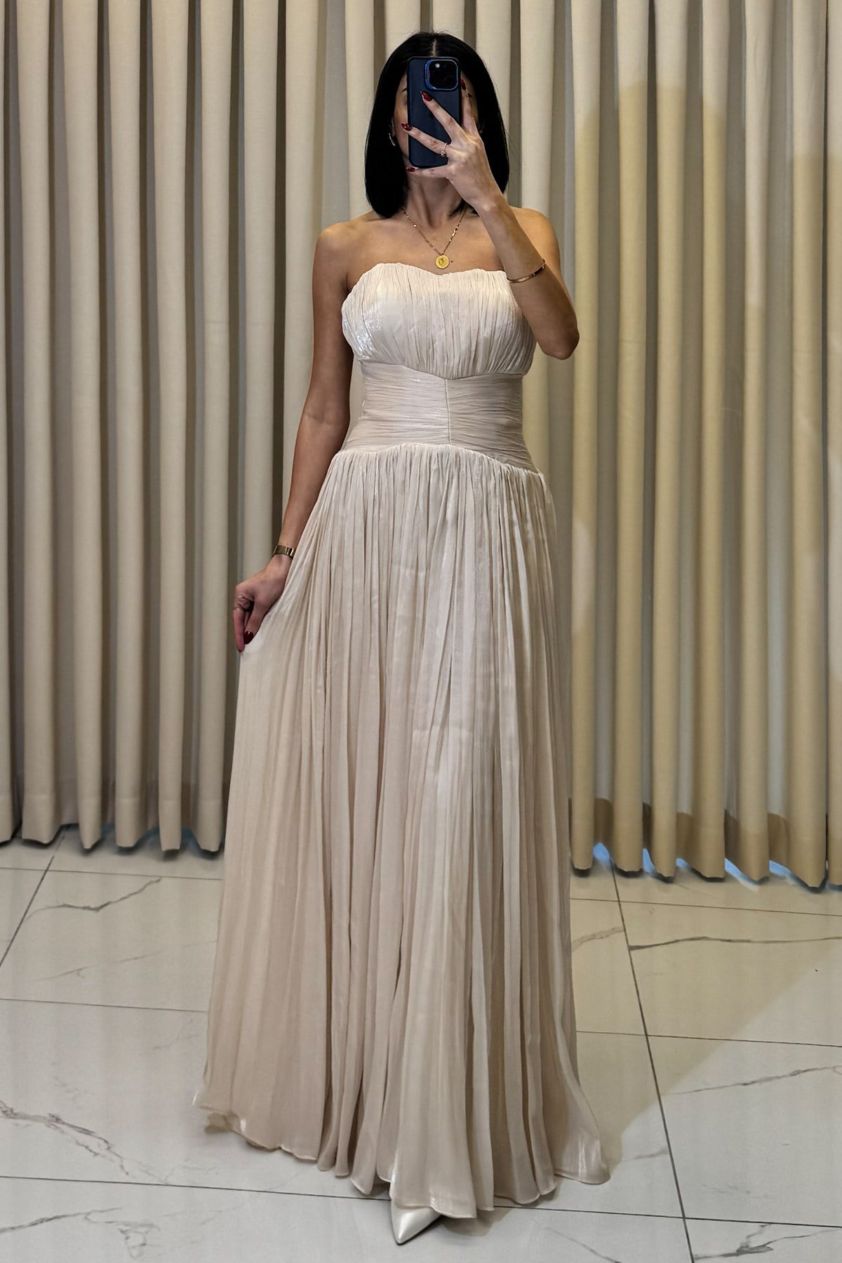 Straplez Uzun Abiye Bej