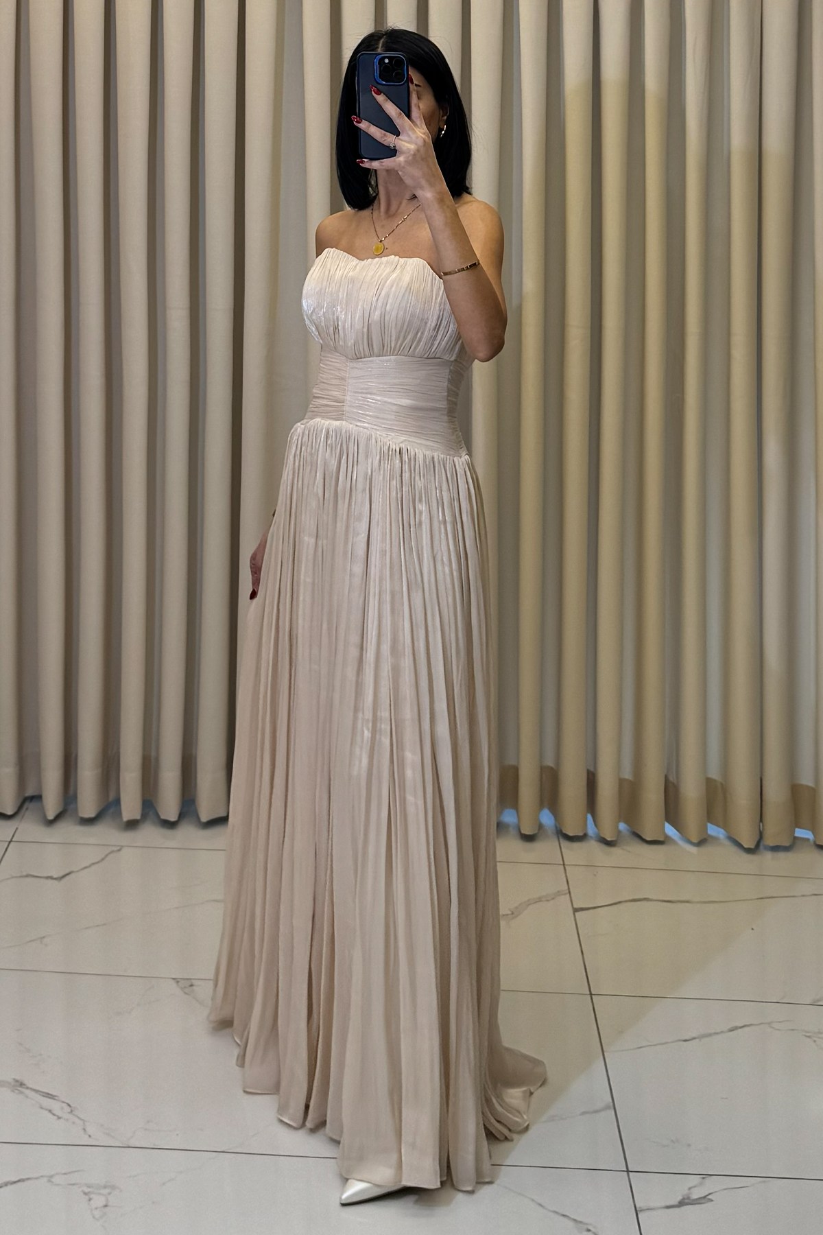 Straplez Uzun Abiye Bej - Görsel 3