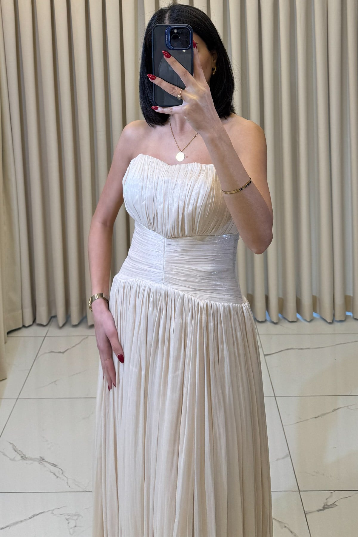 Straplez Uzun Abiye Bej - Görsel 4