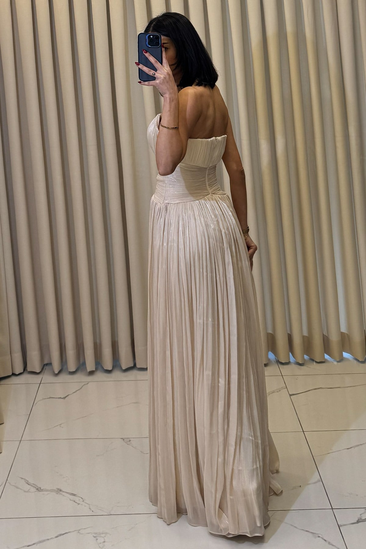 Straplez Uzun Abiye Bej - Görsel 5