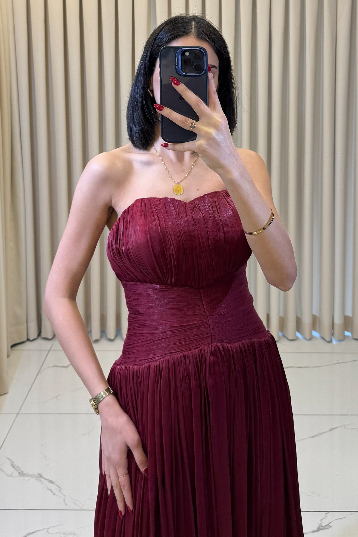 Straplez Uzun Abiye Bordo - Görsel 2