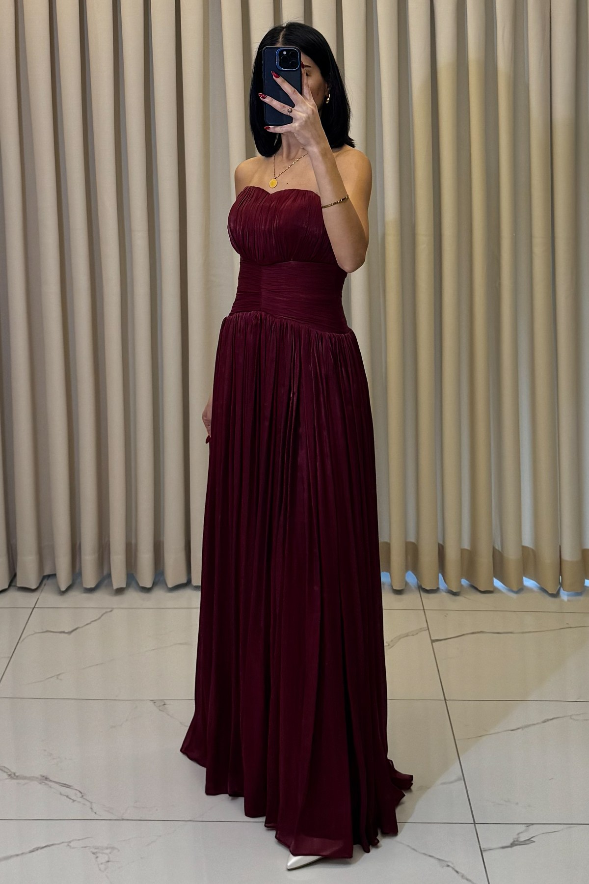 Straplez Uzun Abiye Bordo - Görsel 3