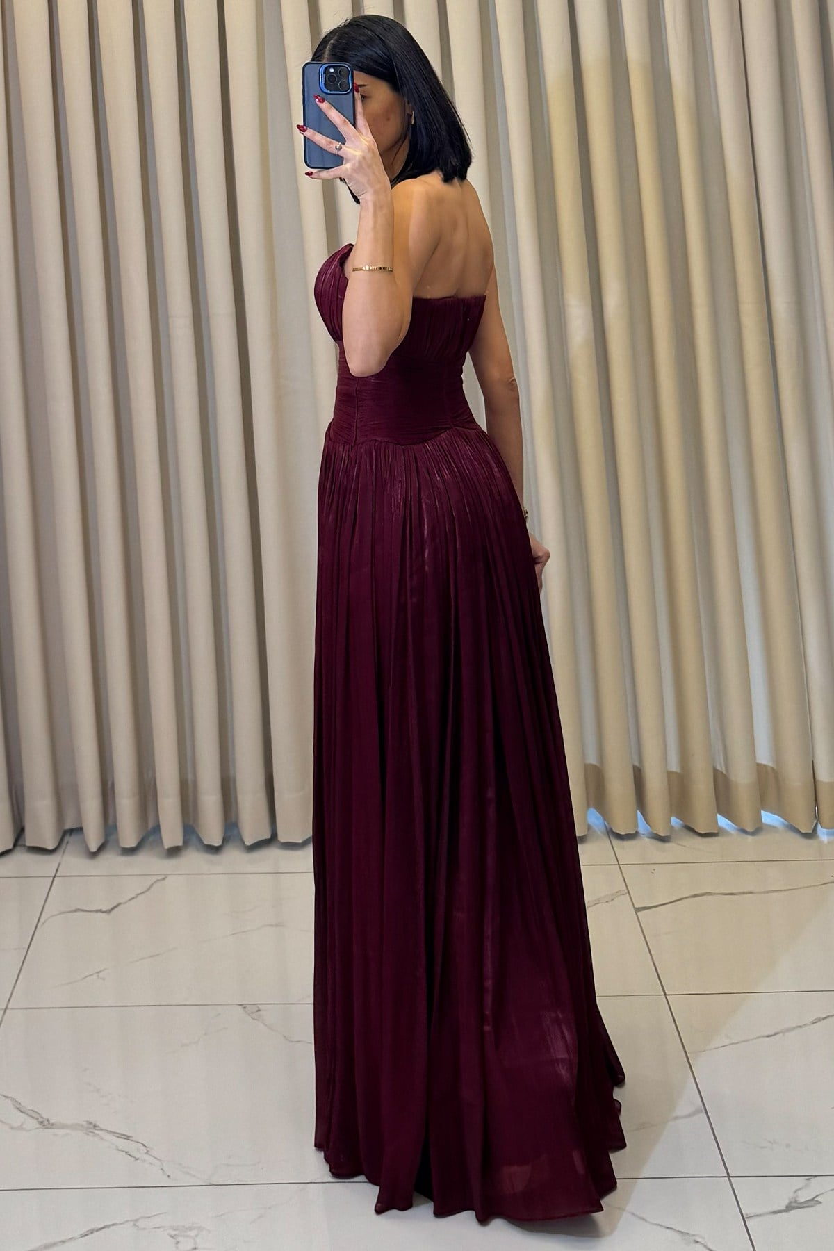 Straplez Uzun Abiye Bordo - Görsel 5