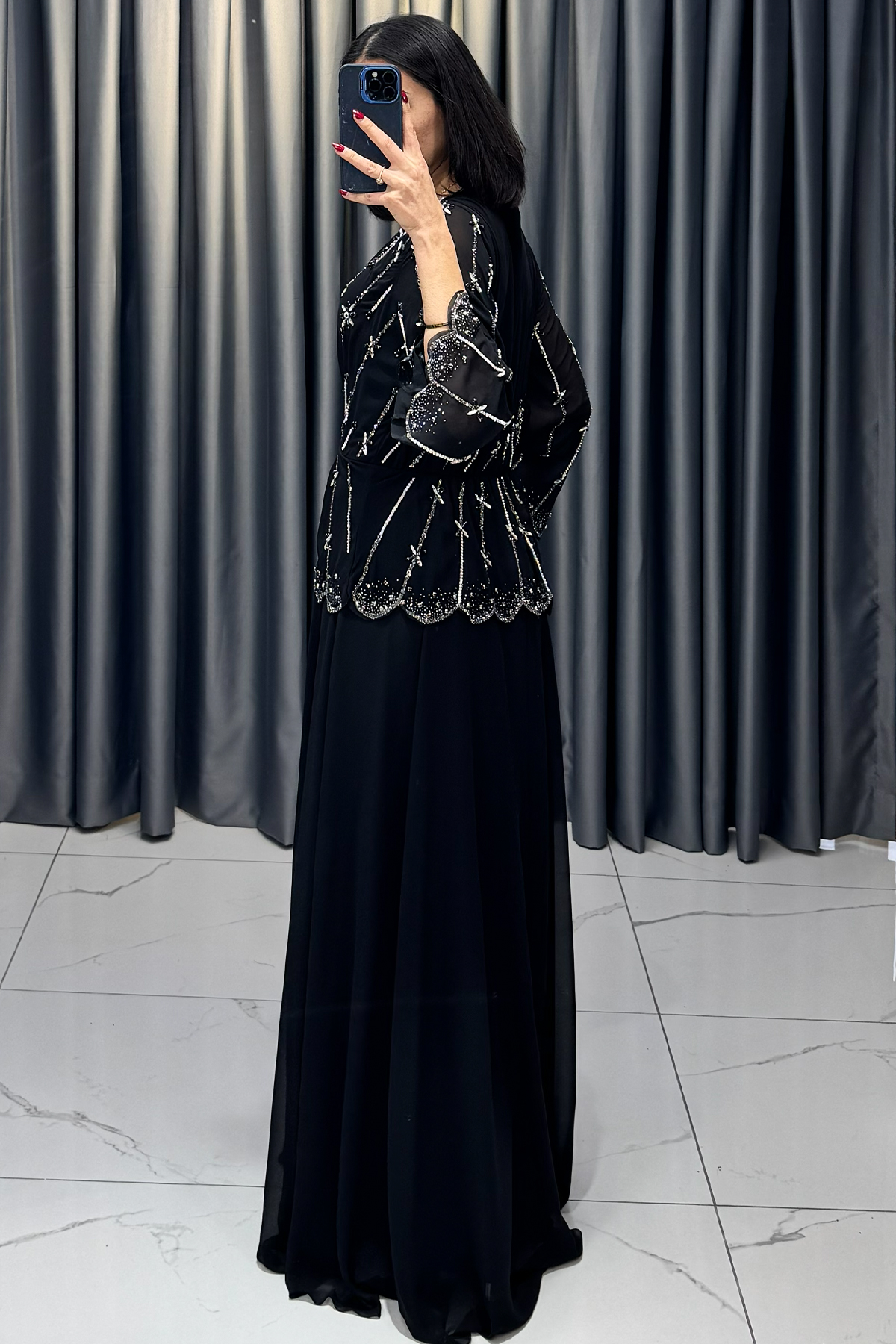 Taş Detaylı Lazer Kesimli Büyük Beden Abiye Siyah - Görsel 4