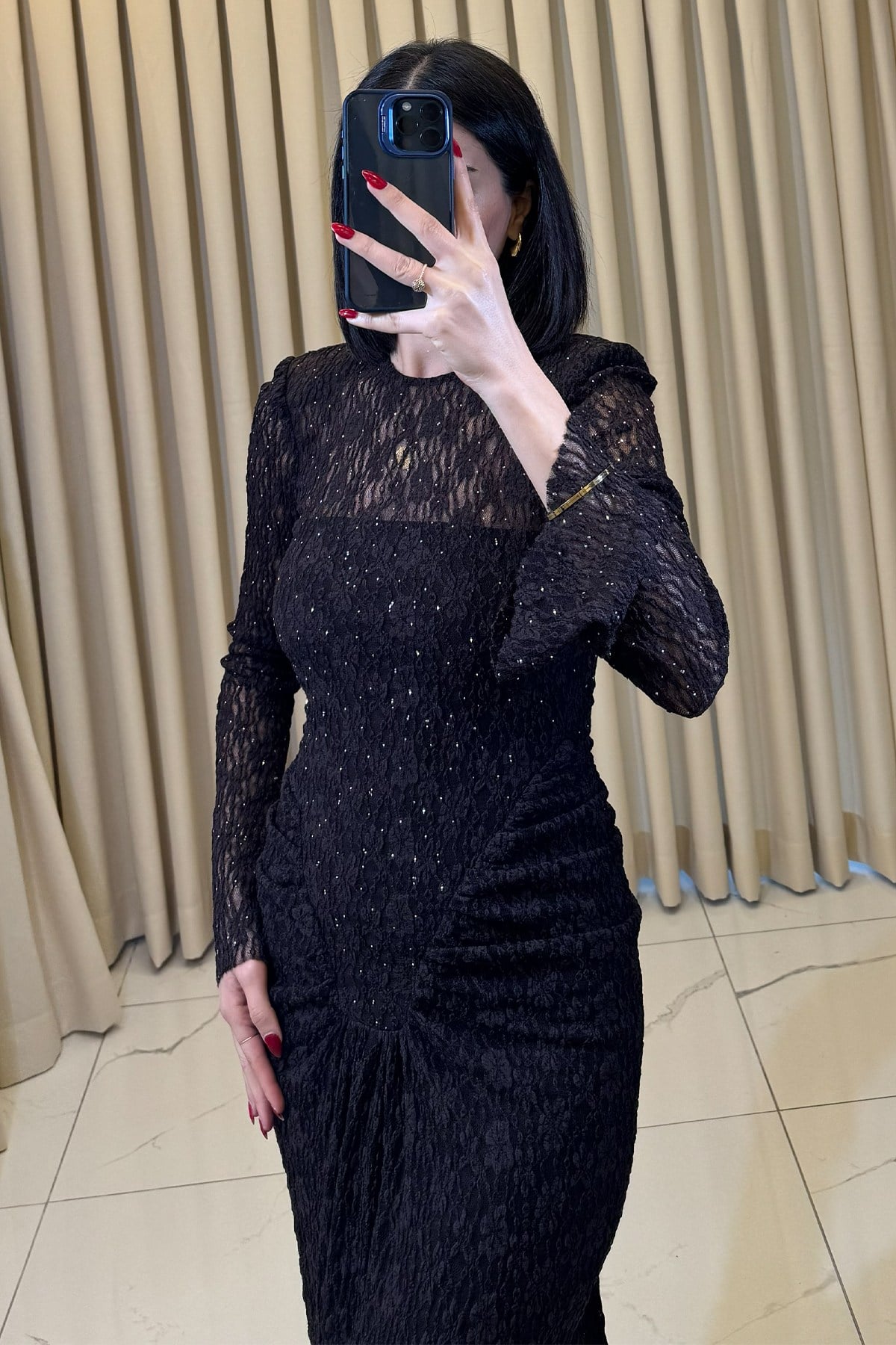 Taş Detaylı Sırt Dekolteli Yarasa Bilekli Uzun Abiye Kahve - Görsel 2