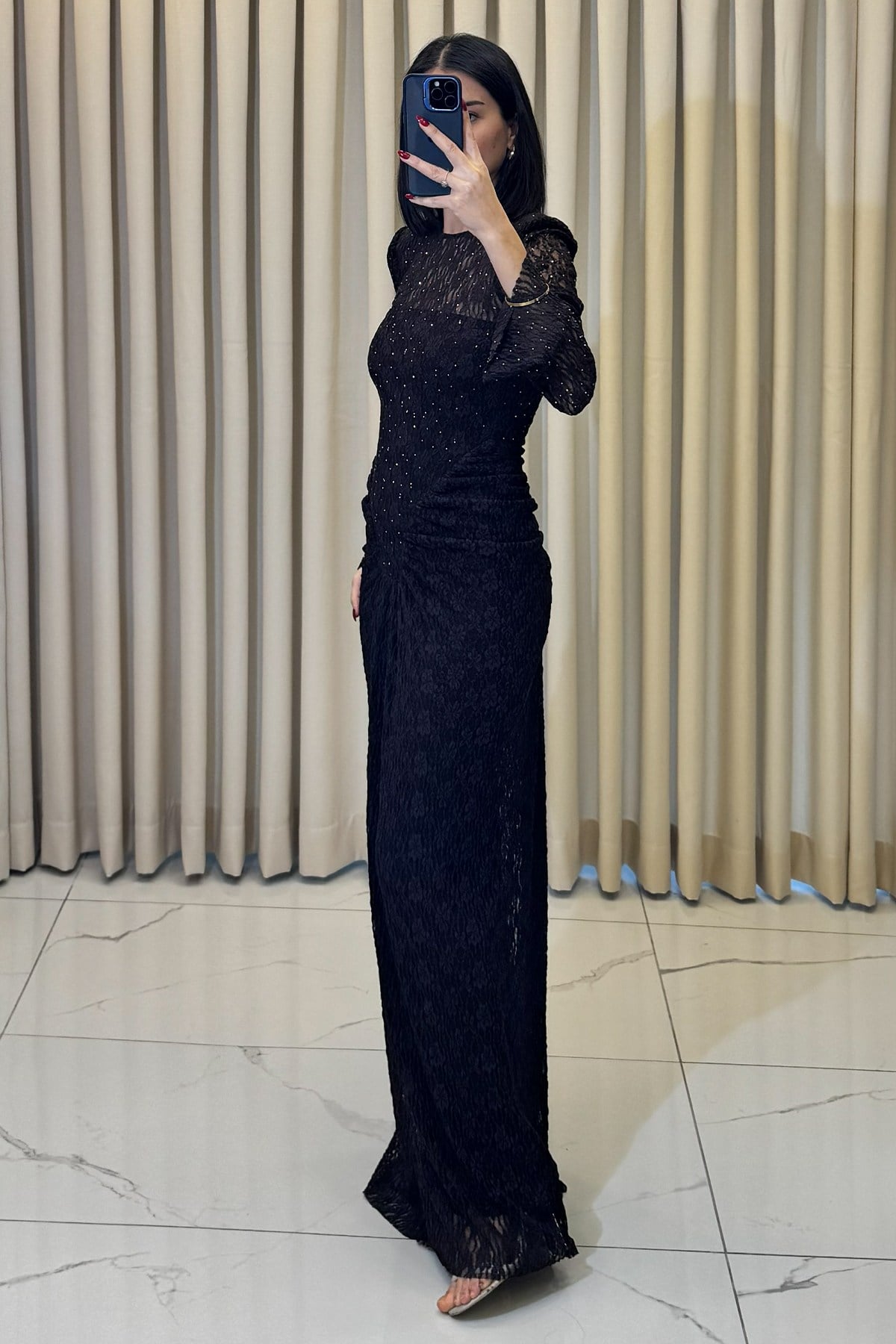 Taş Detaylı Sırt Dekolteli Yarasa Bilekli Uzun Abiye Kahve - Görsel 3