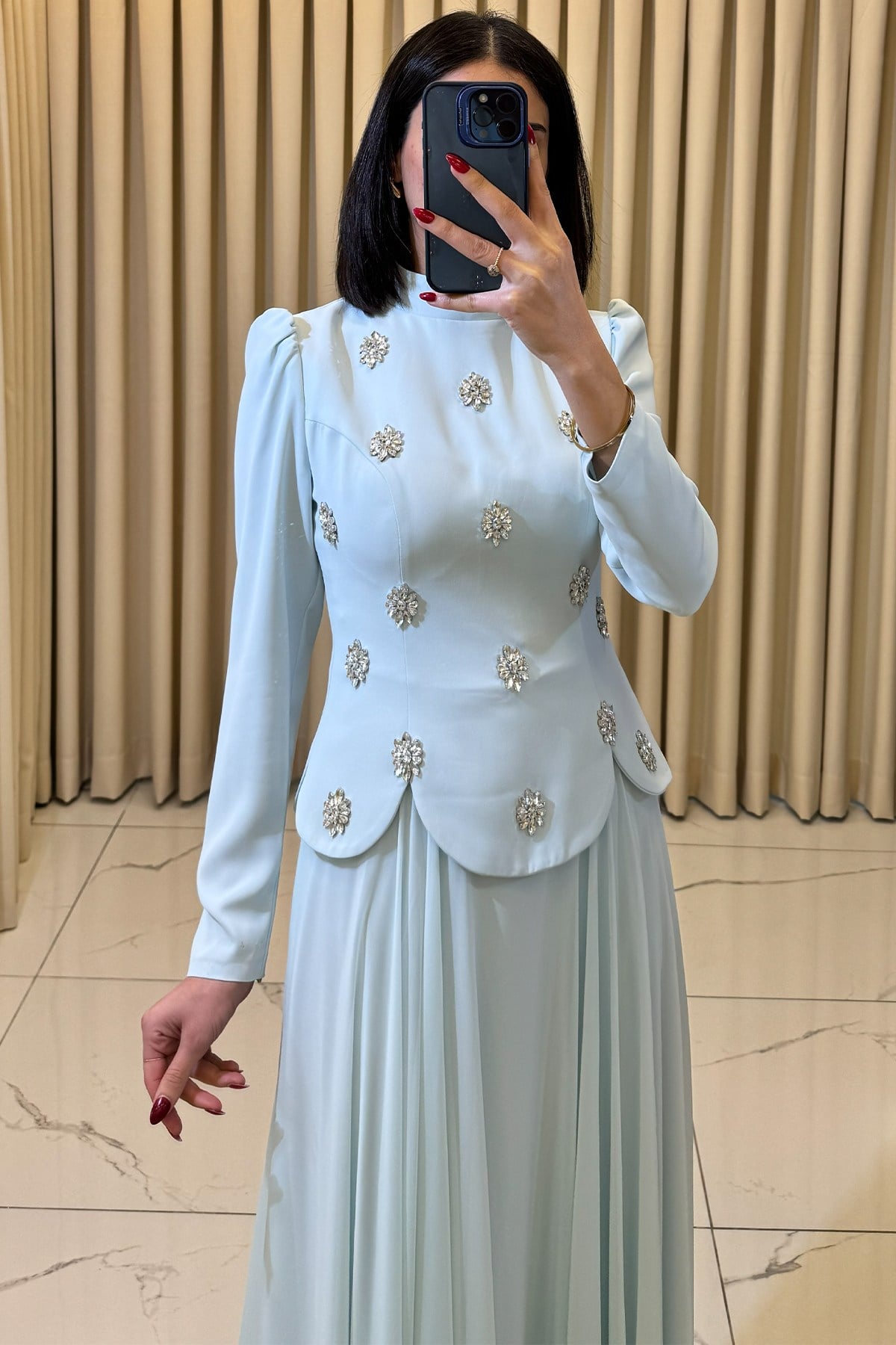 Taş Detaylı Tesettür Abiye Bebe Mavi - Görsel 2