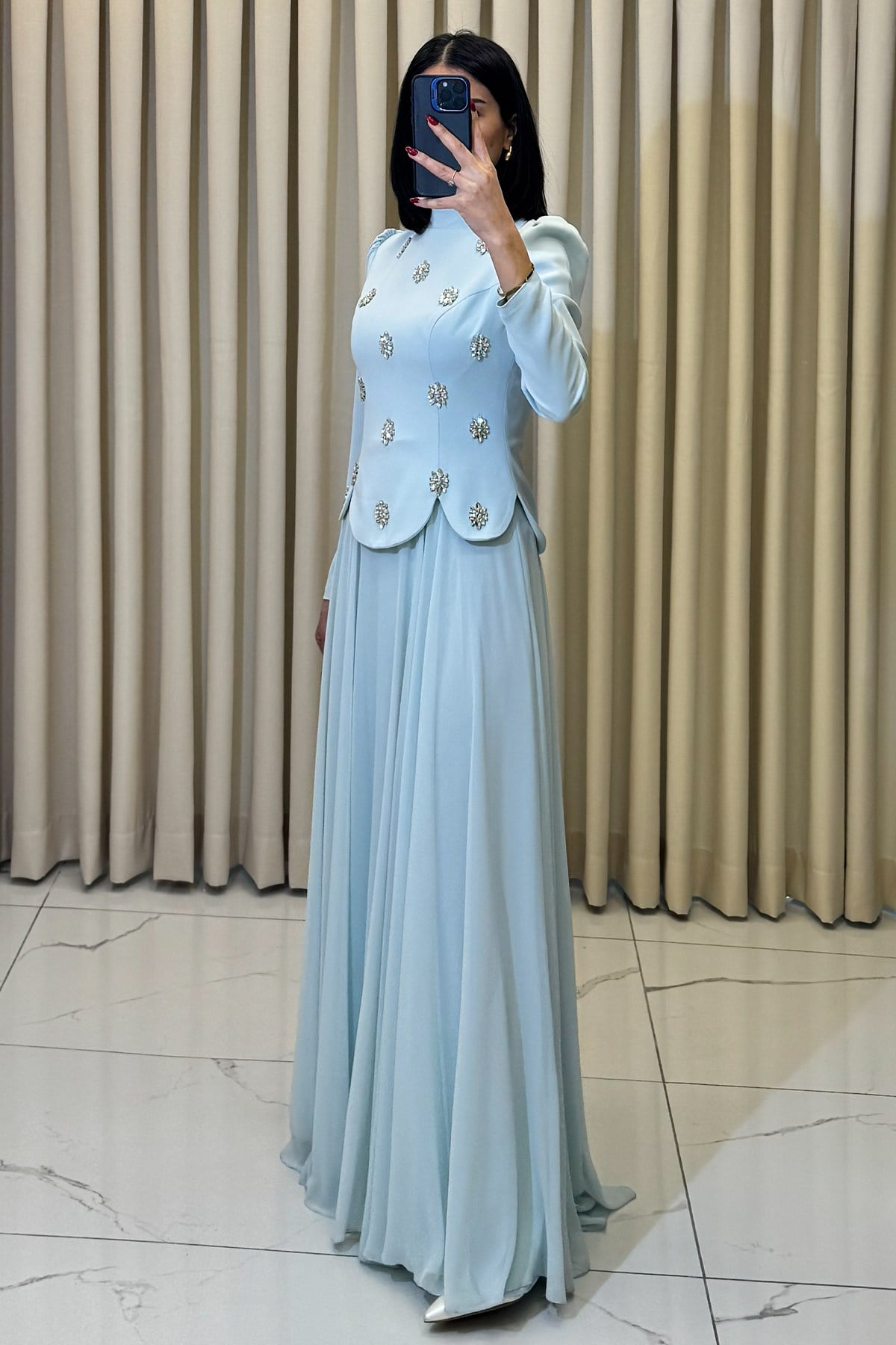 Taş Detaylı Tesettür Abiye Bebe Mavi - Görsel 3