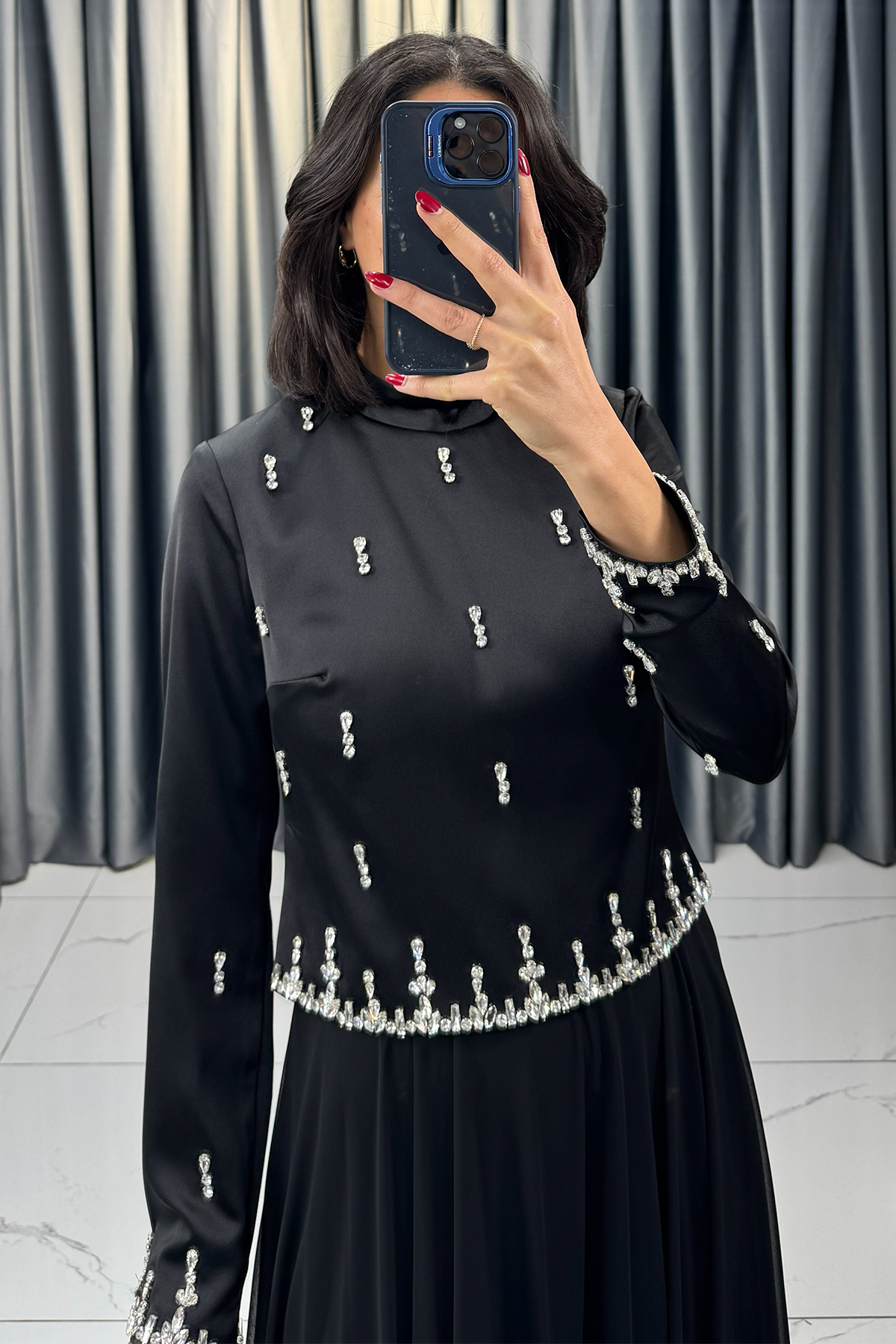 Taş Detaylı Tesettür Abiye Siyah - Görsel 2