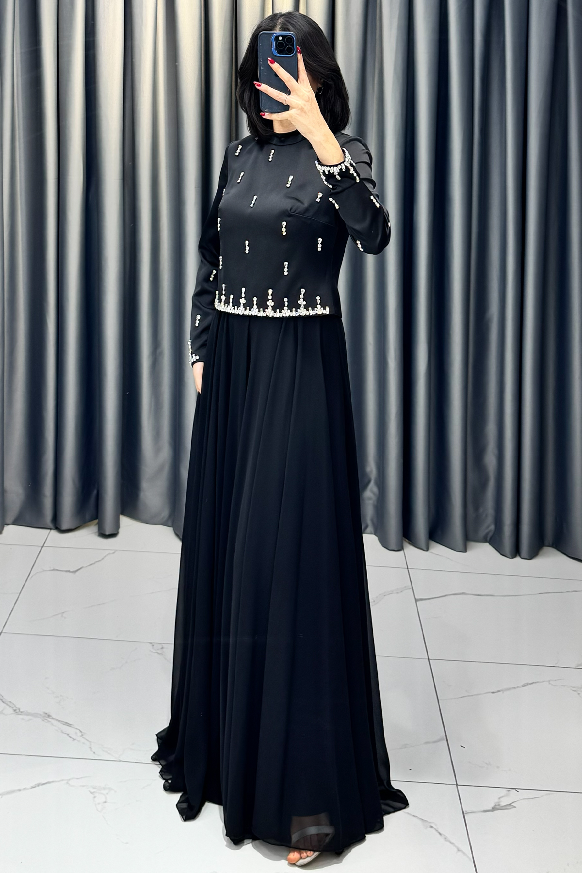 Taş Detaylı Tesettür Abiye Siyah - Görsel 3