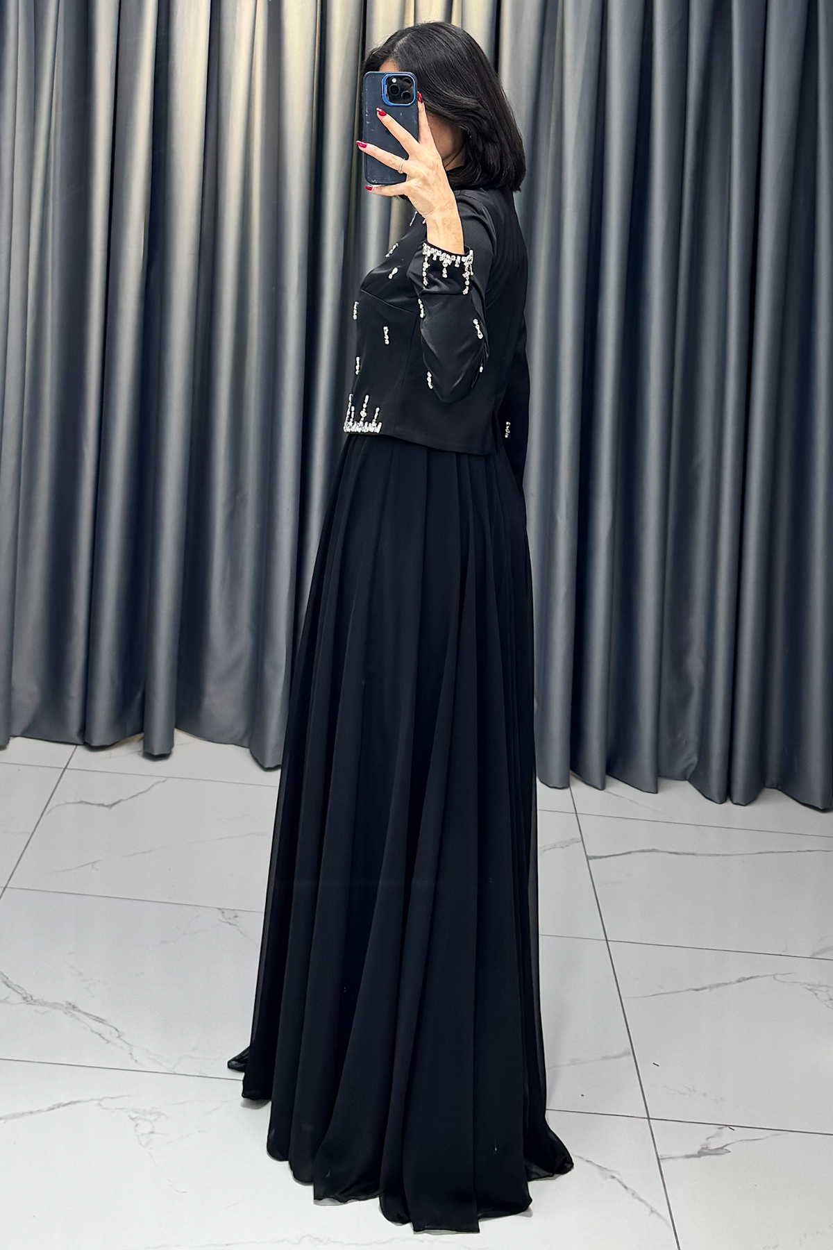 Taş Detaylı Tesettür Abiye Siyah - Görsel 5