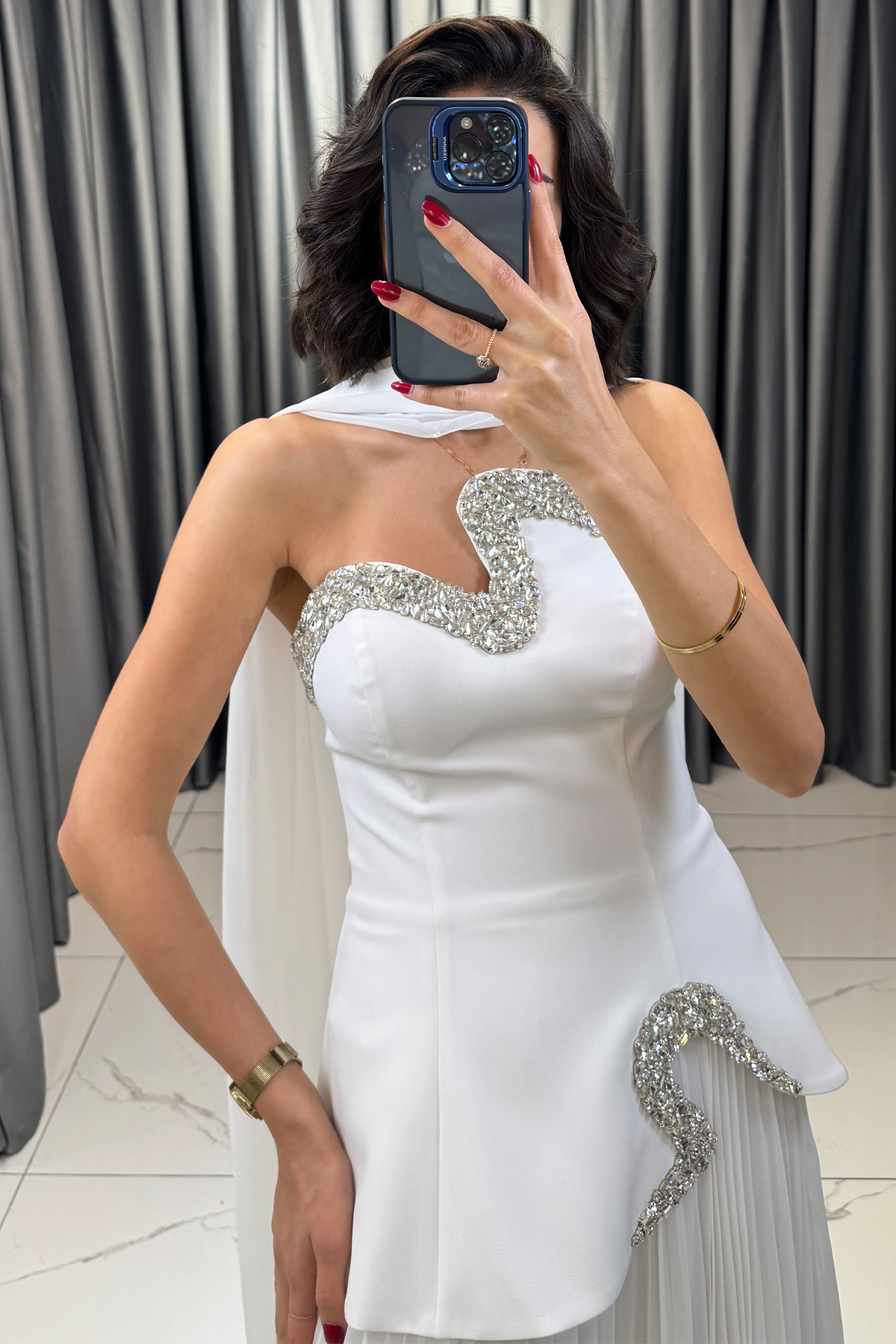 Taş İşlemeli Belden Oturtmalı Şal Detaylı Piliseli Abiye Beyaz - Görsel 4