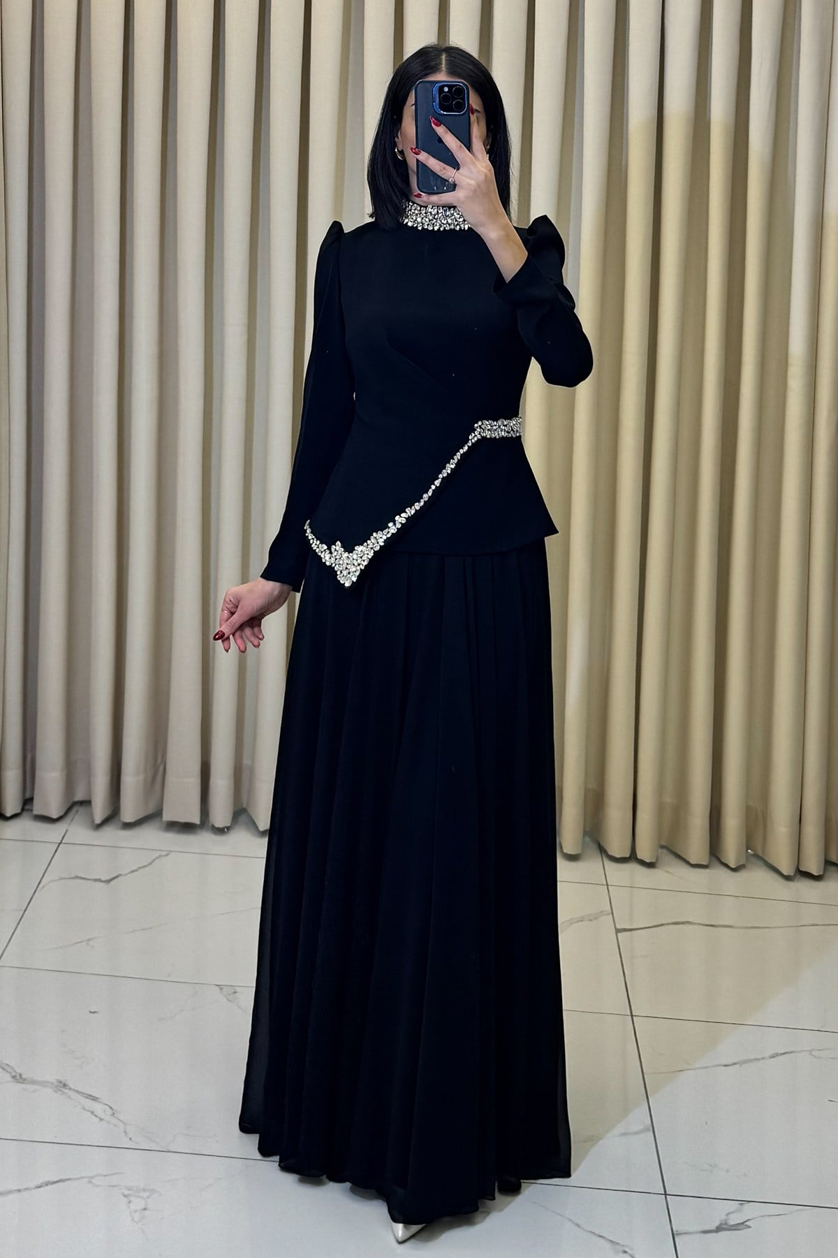 Taş İşlemeli Tesettür Şifon Abiye Siyah