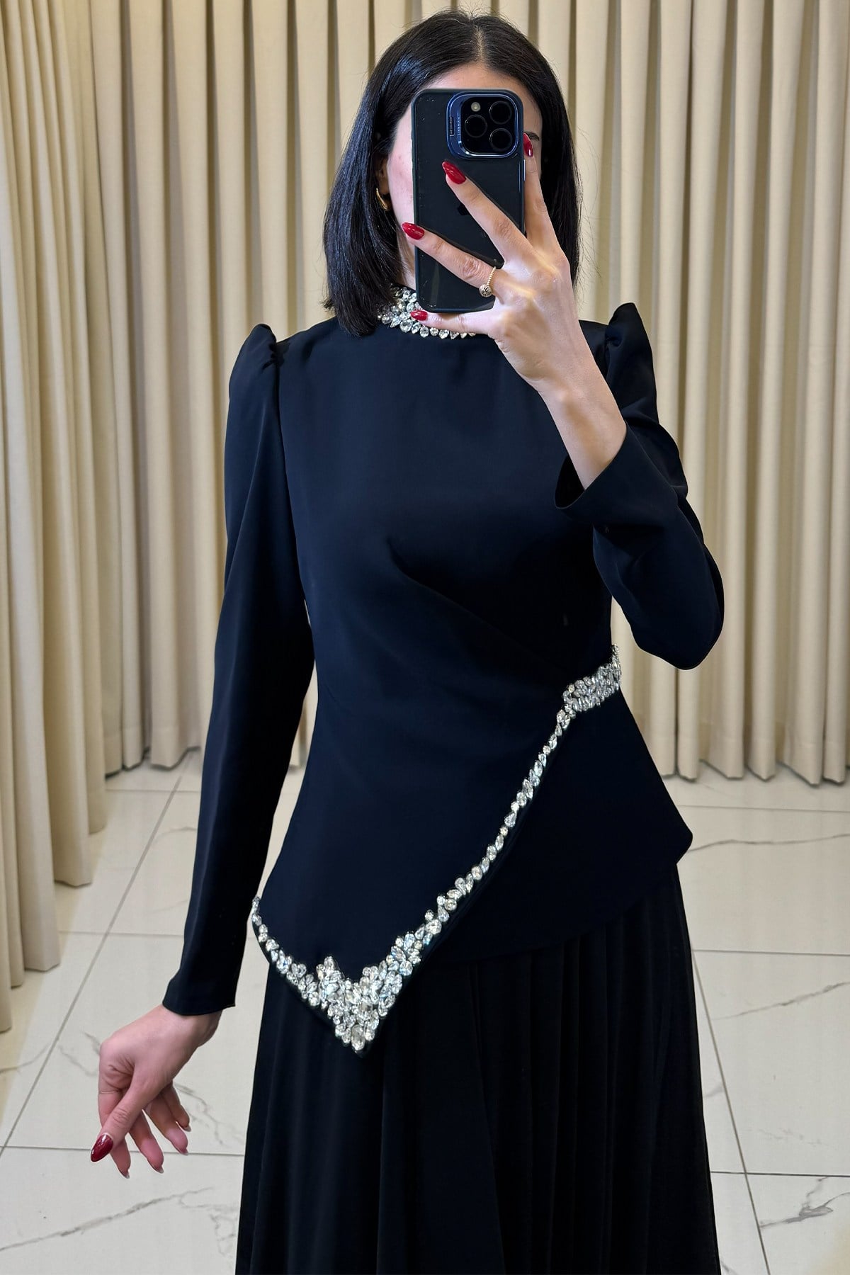 Taş İşlemeli Tesettür Şifon Abiye Siyah - Görsel 2