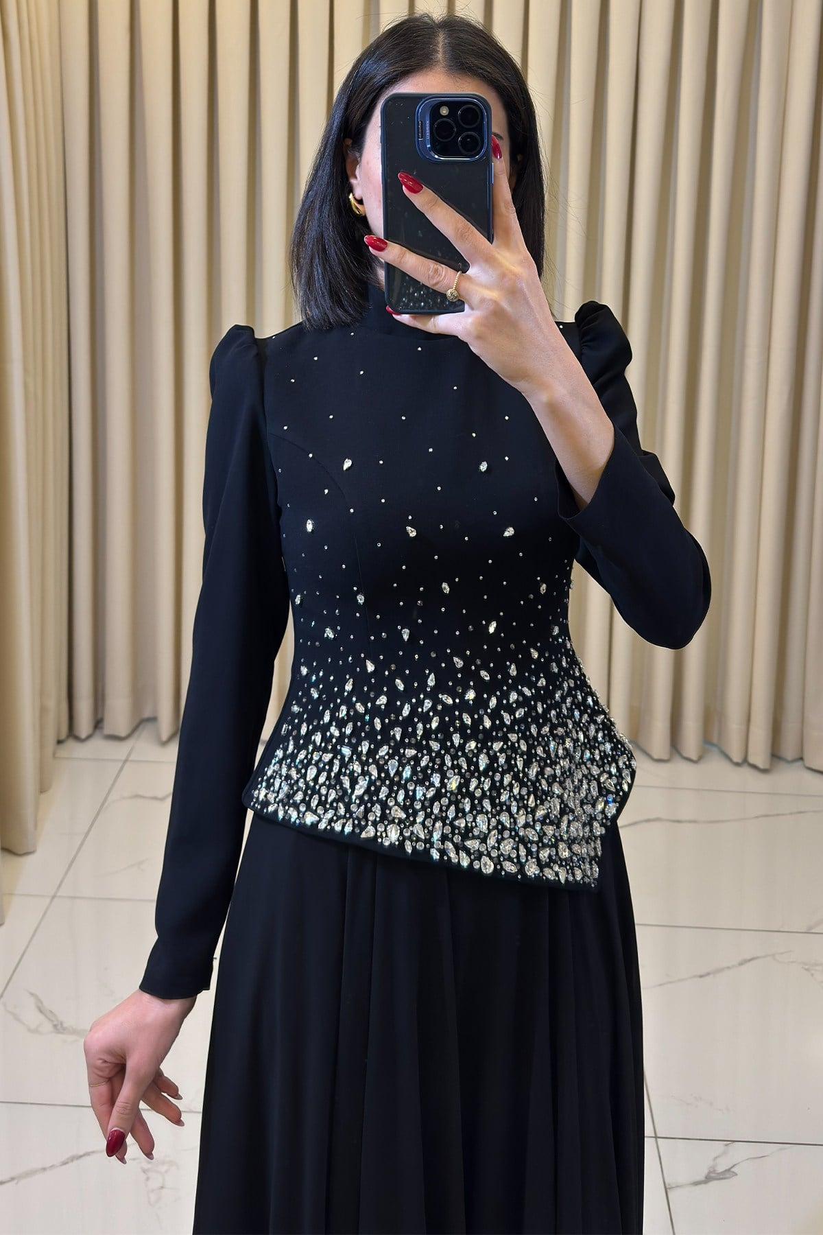 Taş Serpme Detaylı Uzun Tesettür Abiye Siyah - Görsel 2