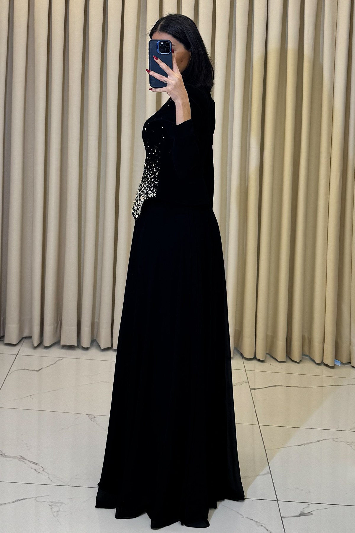 Taş Serpme Detaylı Uzun Tesettür Abiye Siyah - Görsel 5