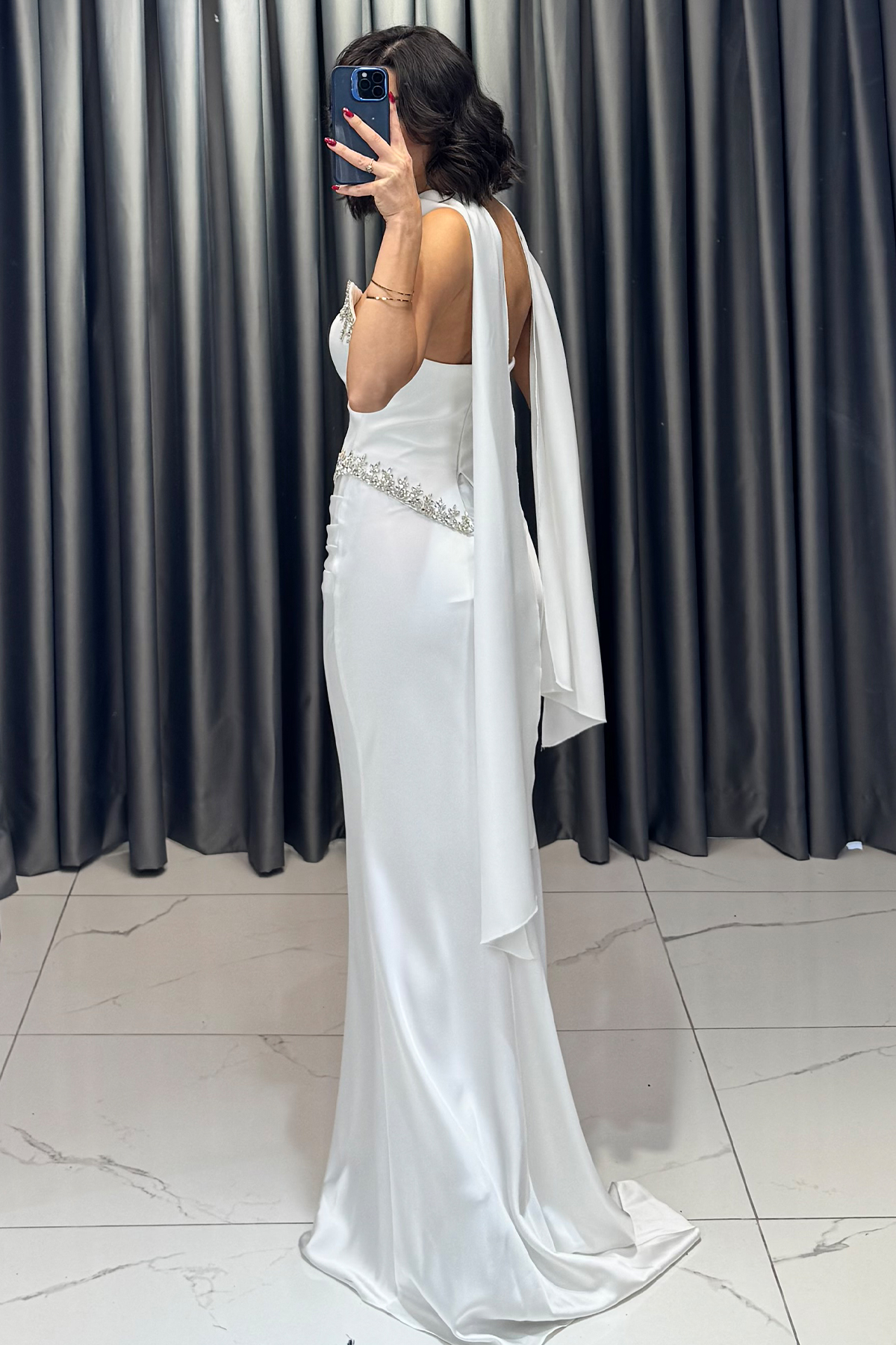 Taş vec Boncuk İşlemeli Belden Oturtmalı Straplez Balık Model Abiye Beyaz - Görsel 5